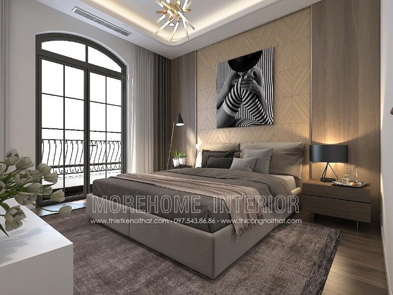 Trang trí nội thất phòng ngủ hiện đại với giường ngủ bọc vải khung gỗ tần bì nhập khẩu cao cấp