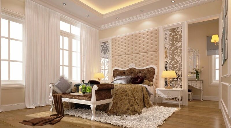 Thiết kế giường ngủ bọc nỉ tân cổ điển gỗ tự nhiên phun sơn cao cấp, sang trọng cho nhà biệt thự