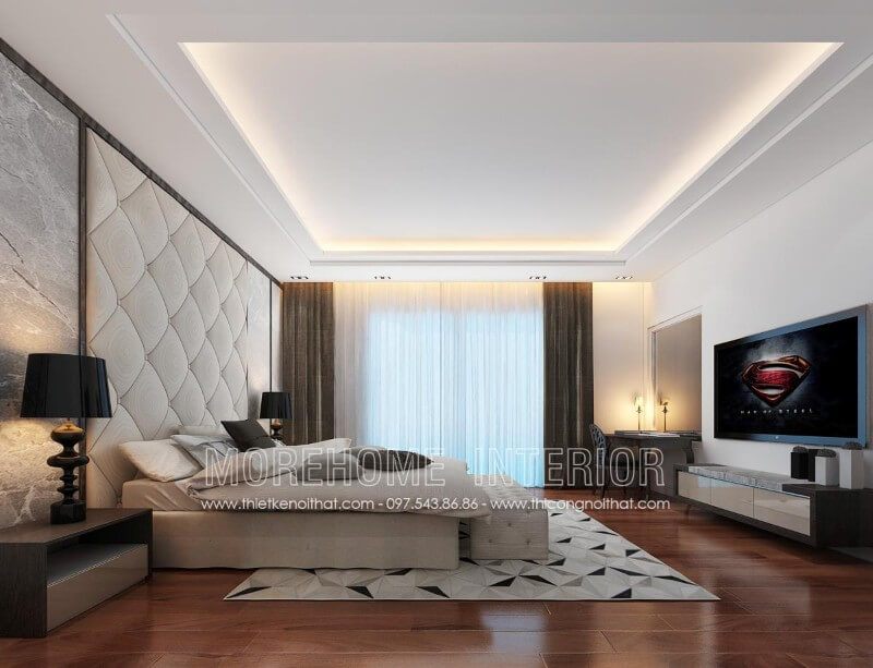 Thiết kế và sản xuất giường ngủ đẹp bọc nỉ màu xám cho căn hộ Penthouse cao cấp tại Hà Nộii