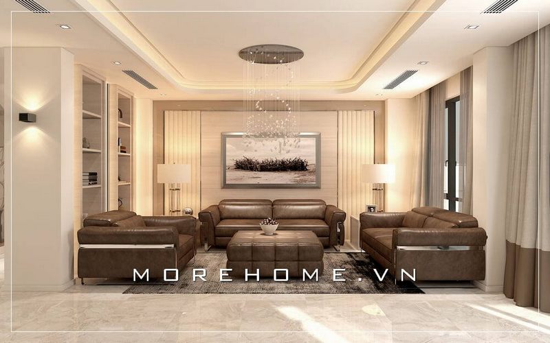 Lựa chọn bộ sofa văng hiện đại với vỏ bọc da màu nâu tinh tế mang đến sự ấm cúng và sang trọng cho phòng khách biệt thự.